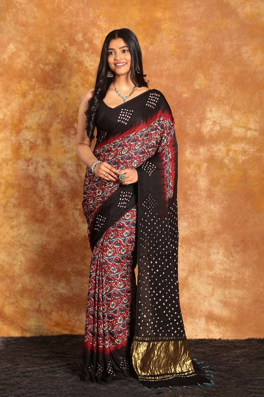 Black Red Ajrakh Bandhini Saree-012