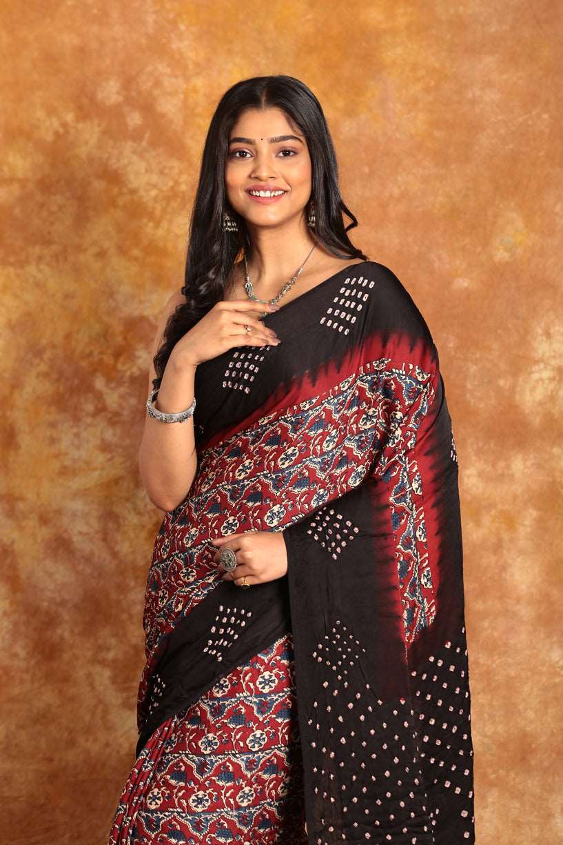 Black Red Ajrakh Bandhini Saree-012