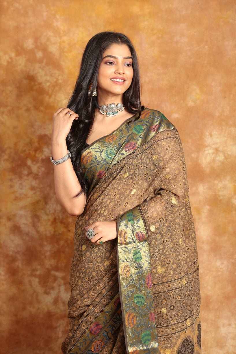 Designer Ajrakh Saree with Benaresi Floral Border(Pre-Order)-016