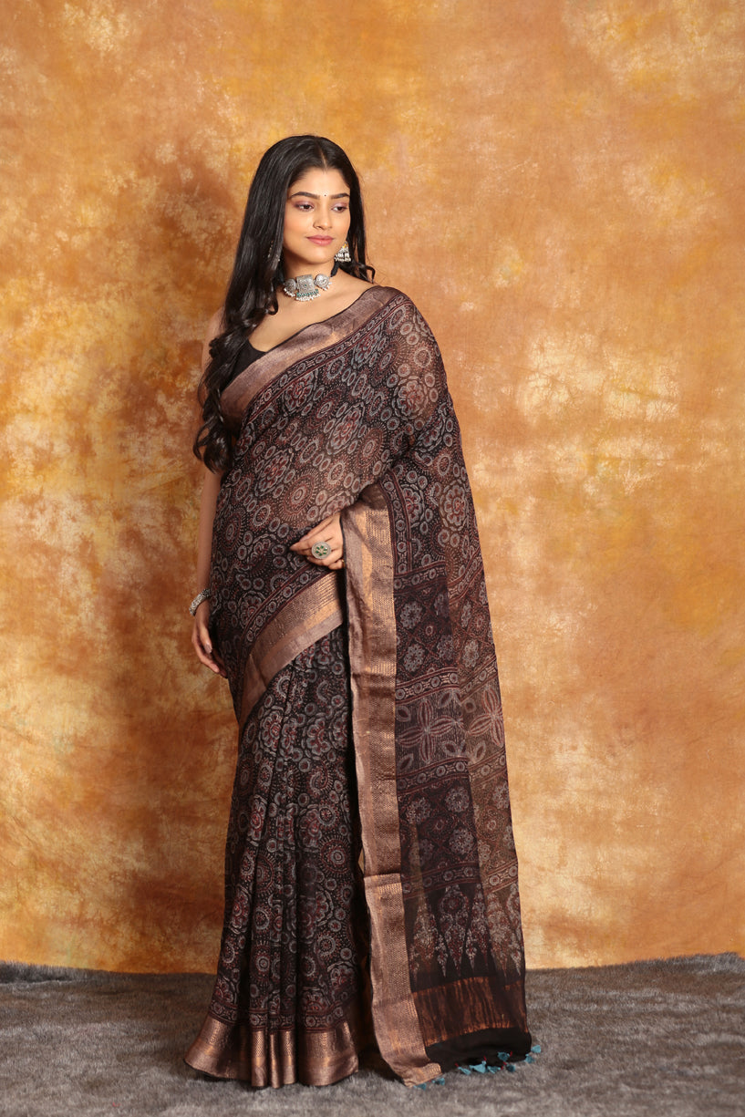 Designer All Over  Ajrakh Saree Natural Dyes(Pre-Order)-017