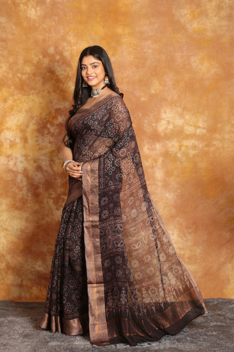 Designer All Over  Ajrakh Saree Natural Dyes(Pre-Order)-017