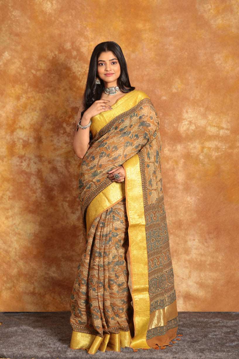 AJRAKH HALDI COLOR MAHESWARI SILK SAREE-019