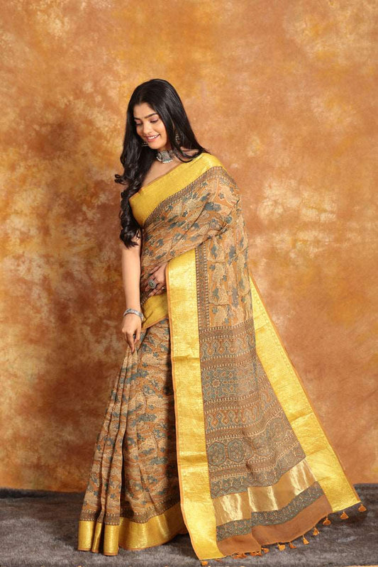 AJRAKH HALDI COLOR MAHESWARI SILK SAREE-019