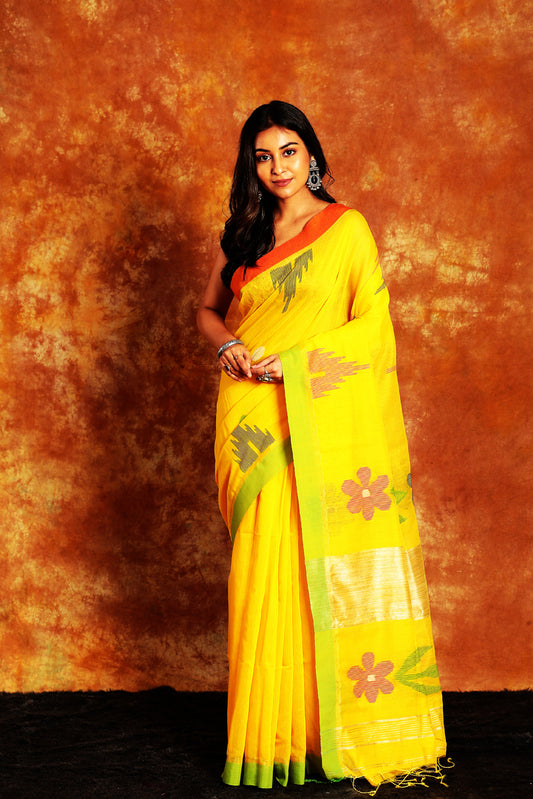 Handwoven Handloom Jamdani Yellow Saree-005