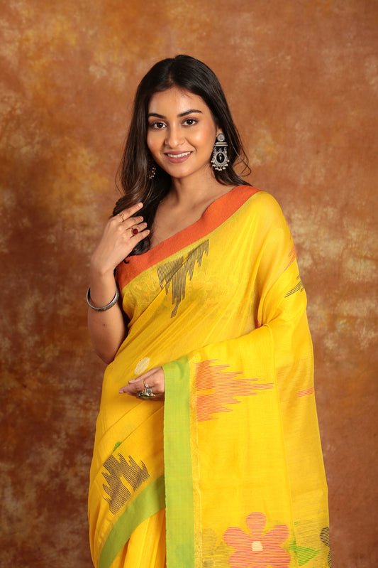 Handwoven Handloom Jamdani Yellow Saree-005