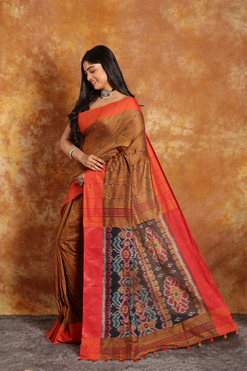 Tawny Brown-Handloom Cotton Saree-021