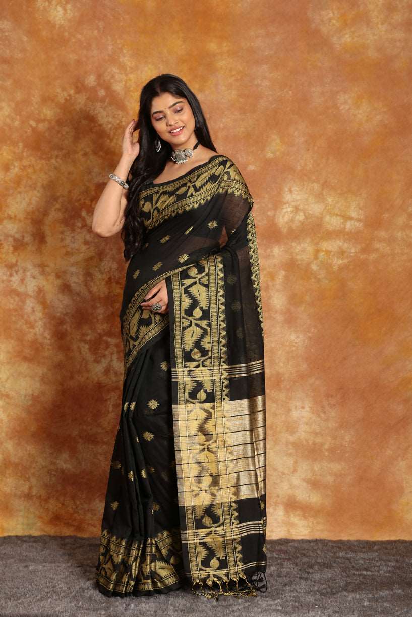 Black with Golden ZariBorder-Handloom Cotton Saree-022