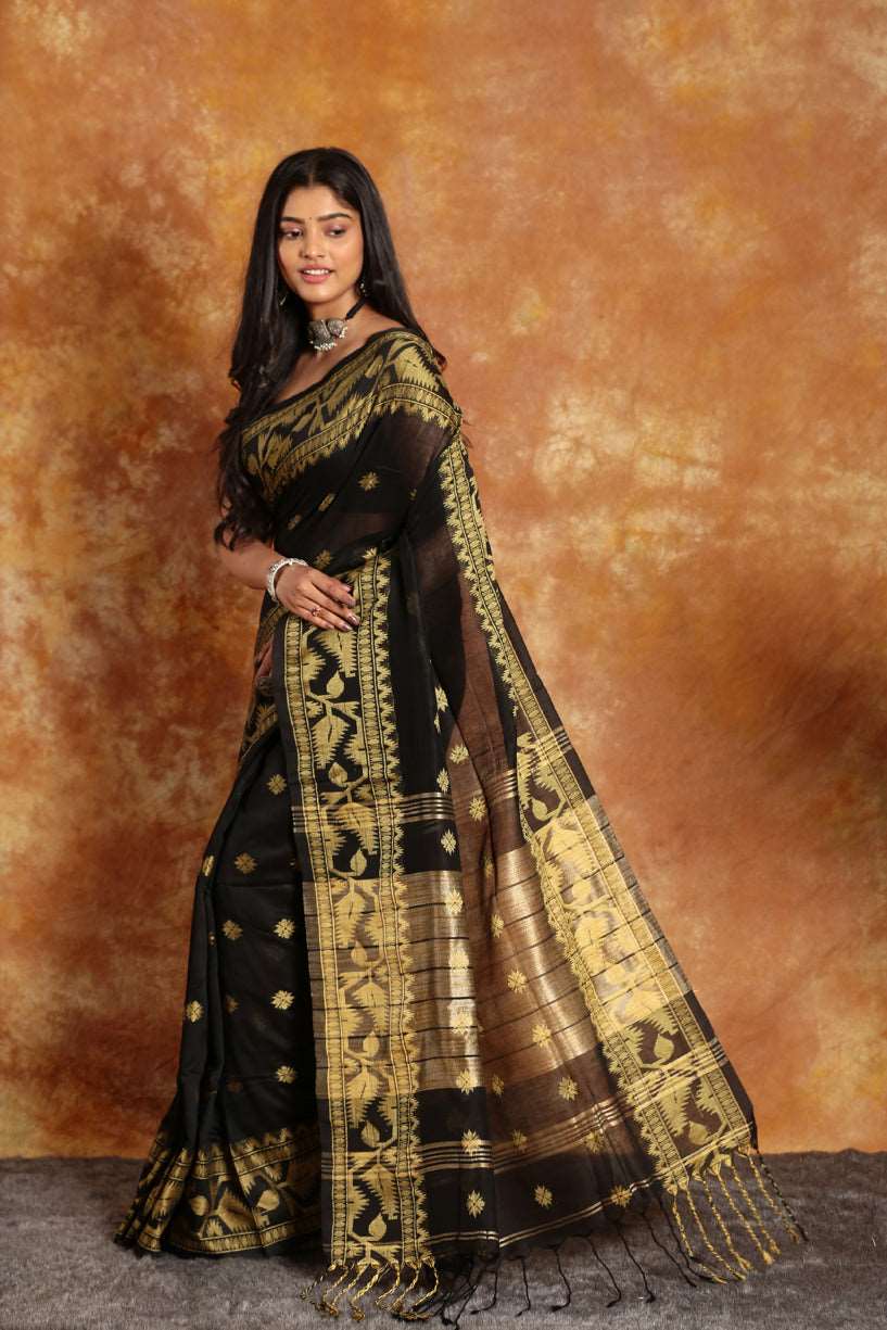 Black with Golden ZariBorder-Handloom Cotton Saree-022