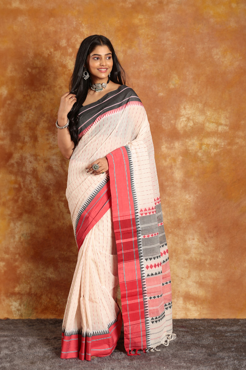 Pearl White with Red Border-Handloom Cotton Saree-024