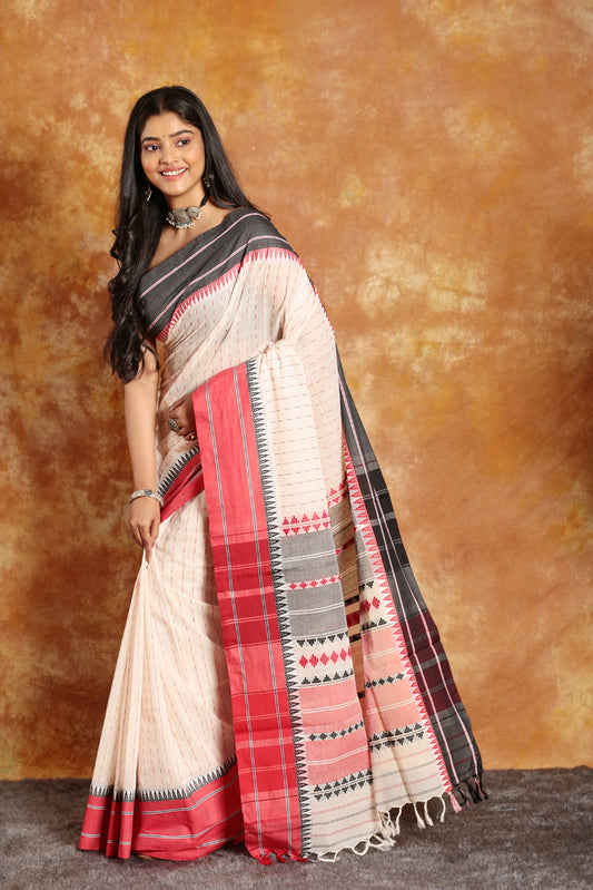 Pearl White with Red Border-Handloom Cotton Saree-024