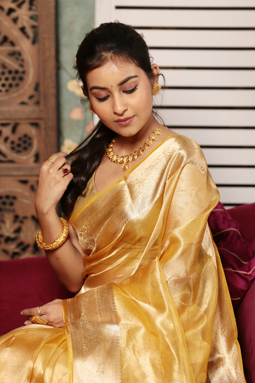 Macaroon Yellow Tissue Silk Saree-001