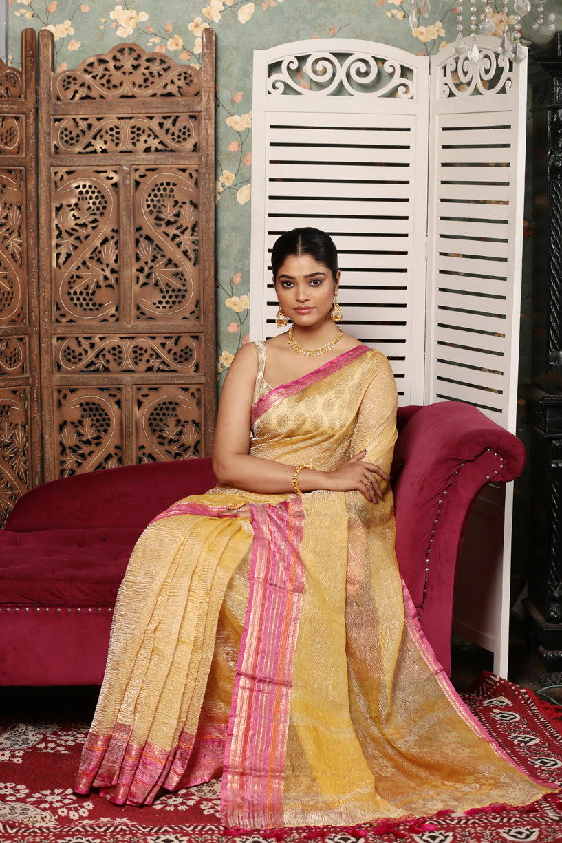 Pale Golden Yellow with Pink Border Tissue Silk Saree-003