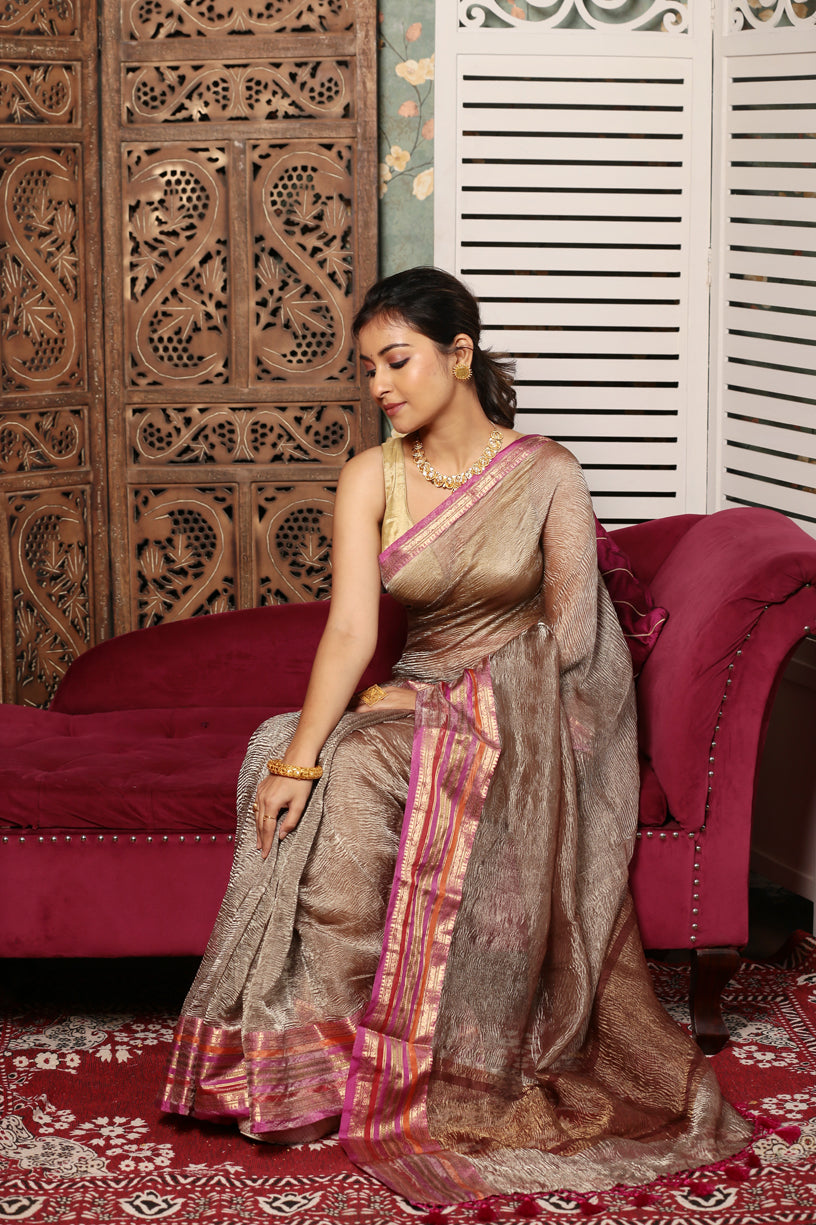 Light Gray with Pink Border Tissue Silk Saree-004