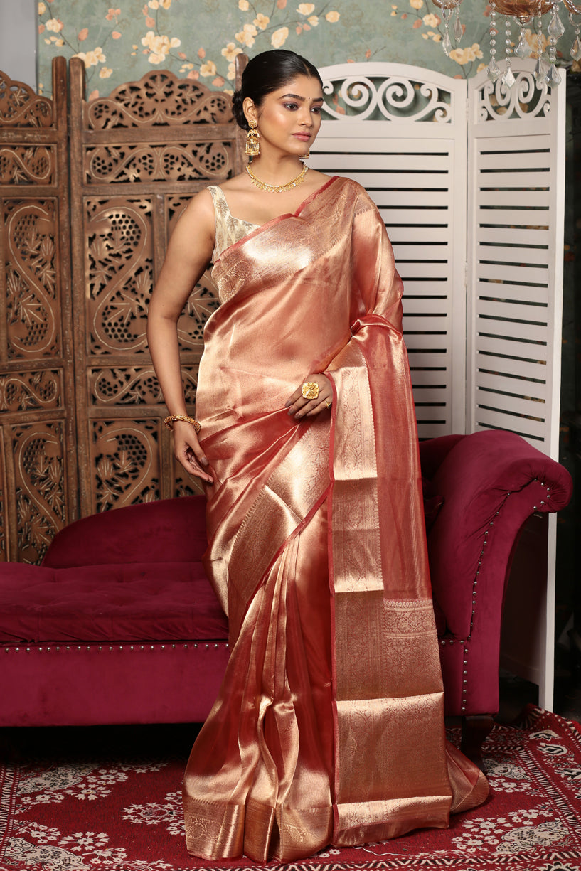 Shaded Golden Pink Tissue Silk Saree-005