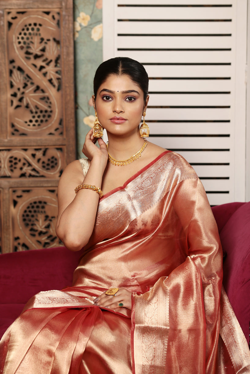 Shaded Golden Pink Tissue Silk Saree-005