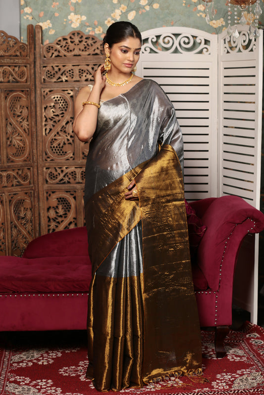 Silver Gray with Golden Border Tissue Silk Saree-007