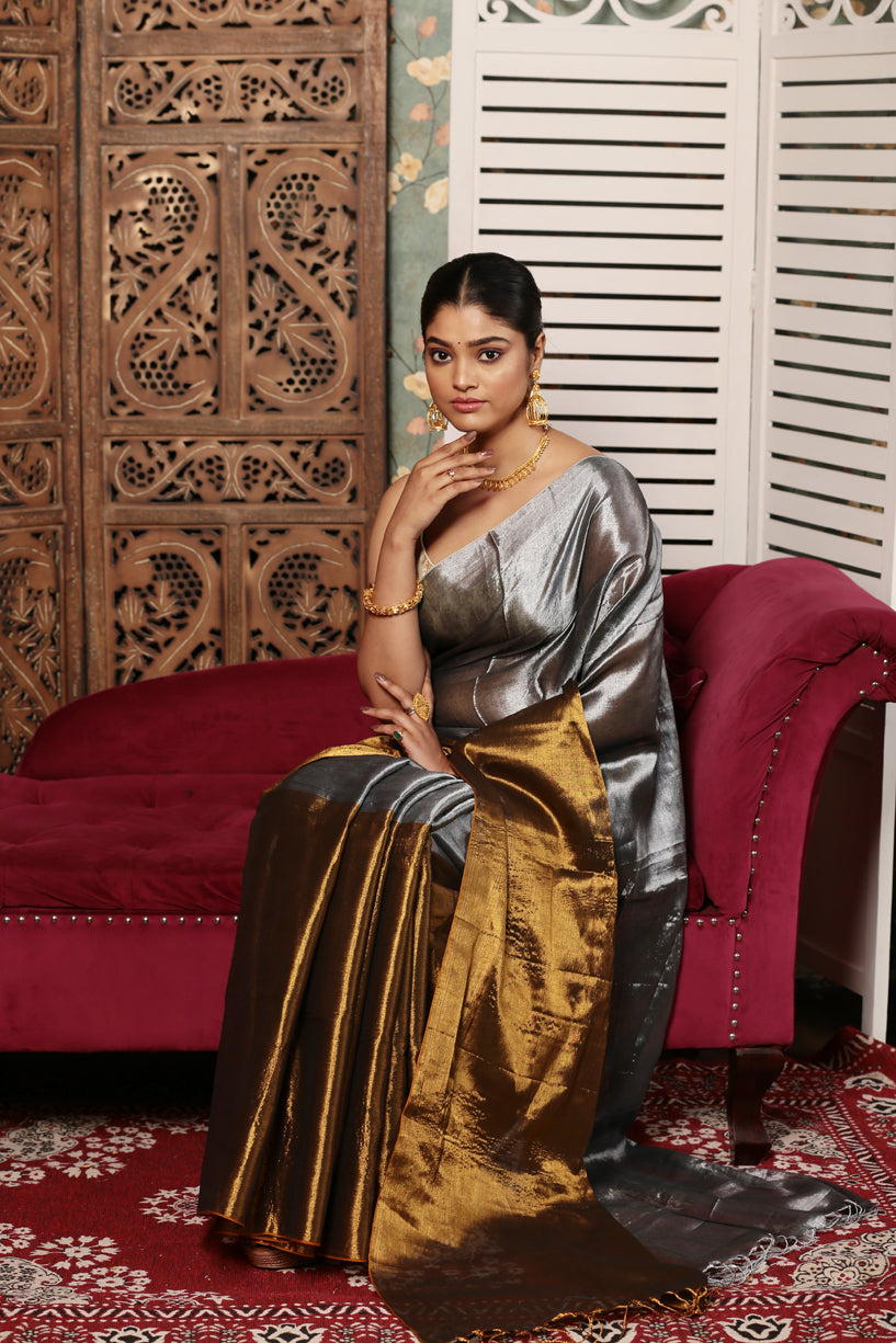 Silver Gray with Golden Border Tissue Silk Saree-007