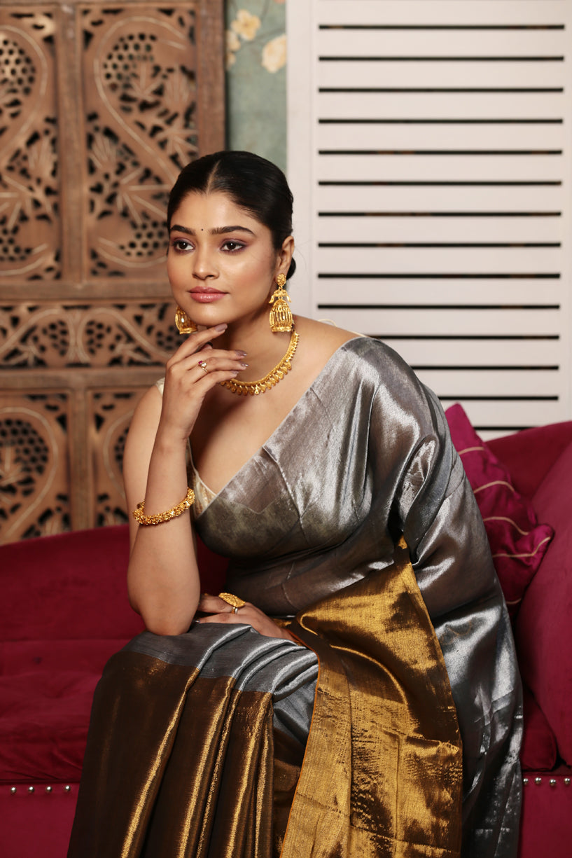 Silver Gray with Golden Border Tissue Silk Saree-007