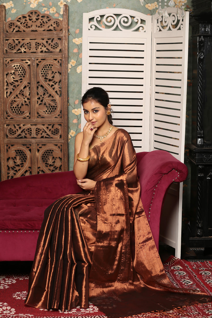 Golden Wood Brown Tissue Silk Saree-010