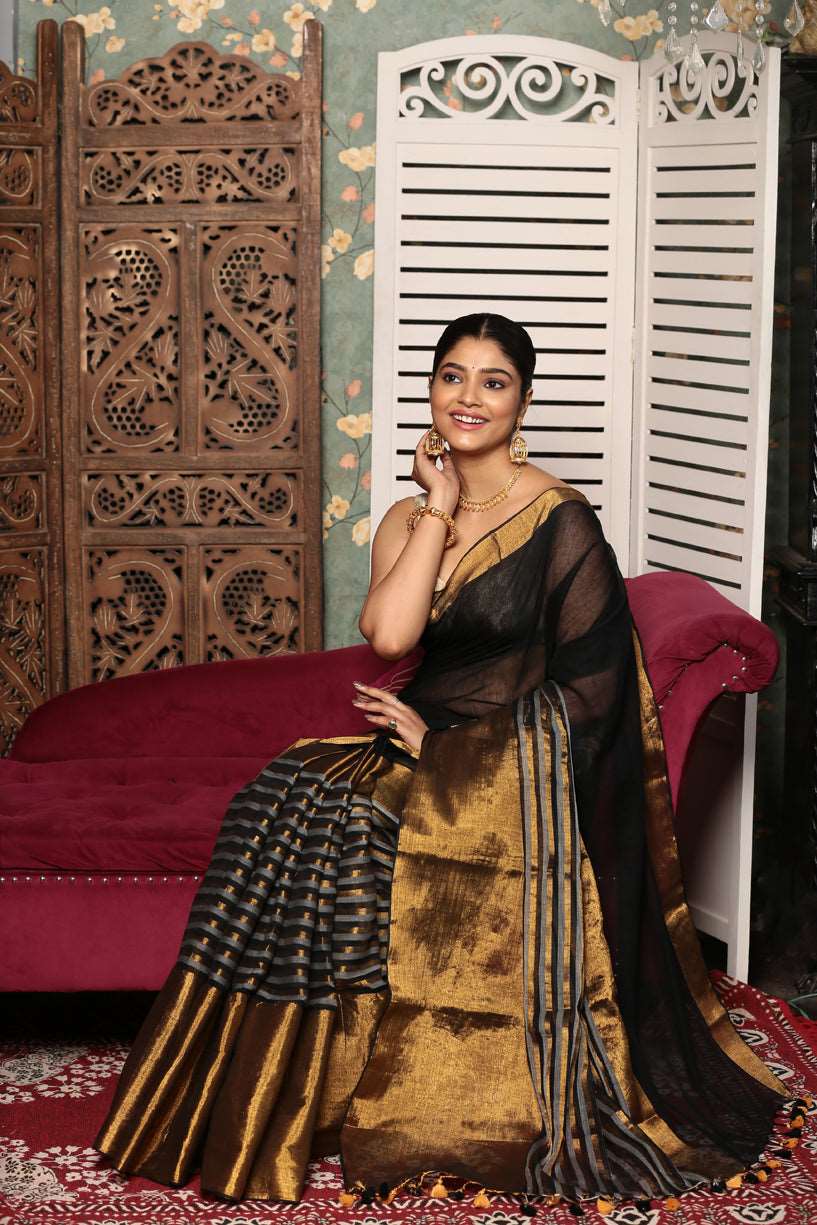 Blak with Golden Strites Tissue Silk Saree-013