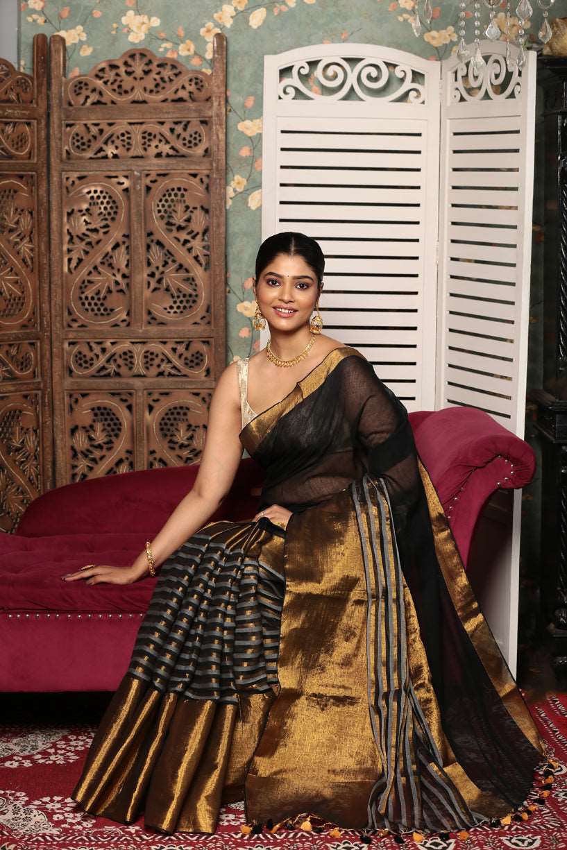 Blak with Golden Strites Tissue Silk Saree-013