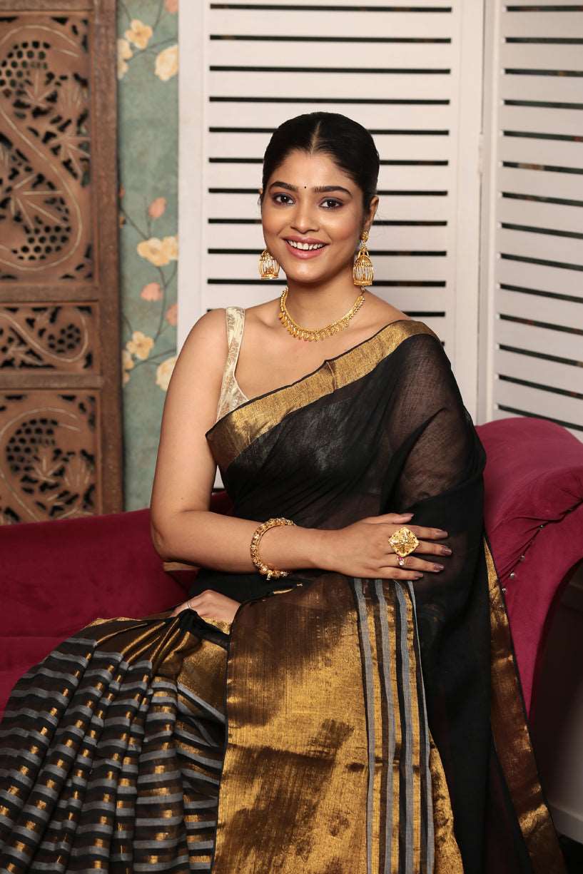 Blak with Golden Strites Tissue Silk Saree-013