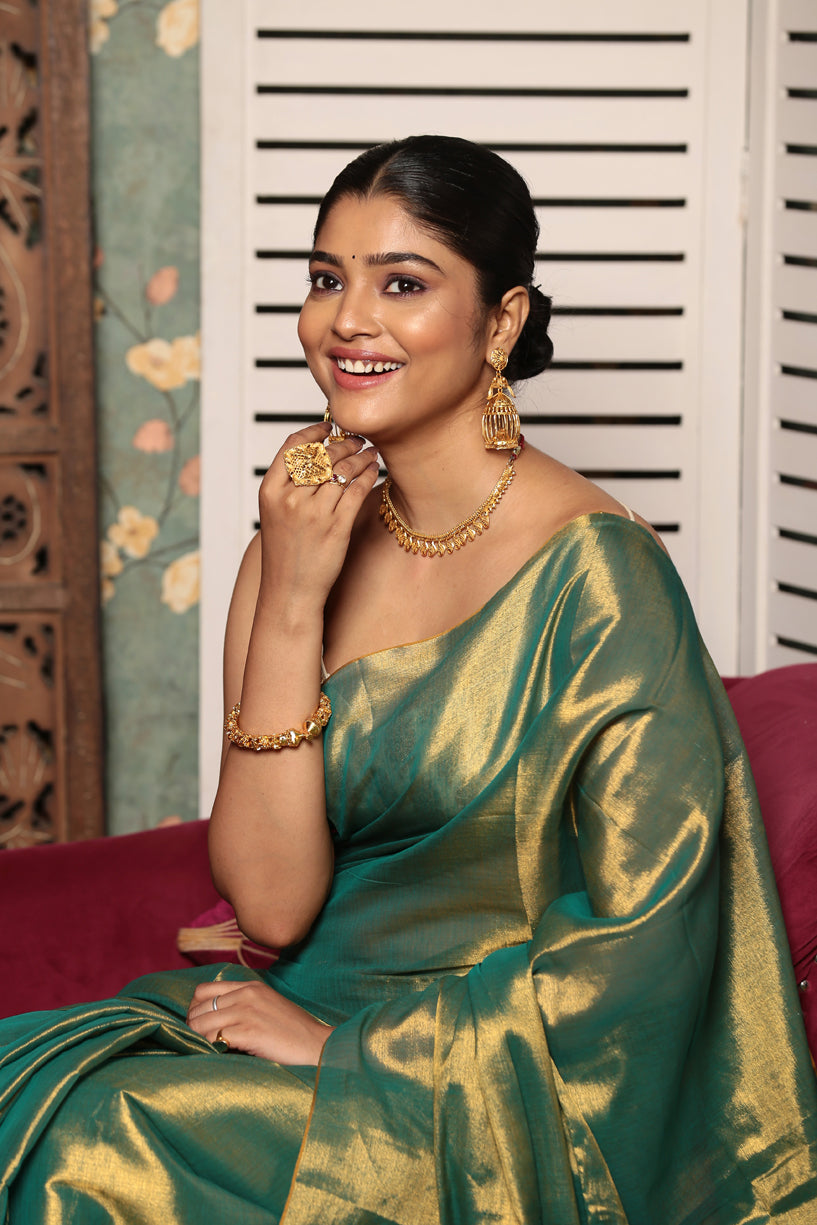 Golden Leaf Green Tissue Silk Saree-015