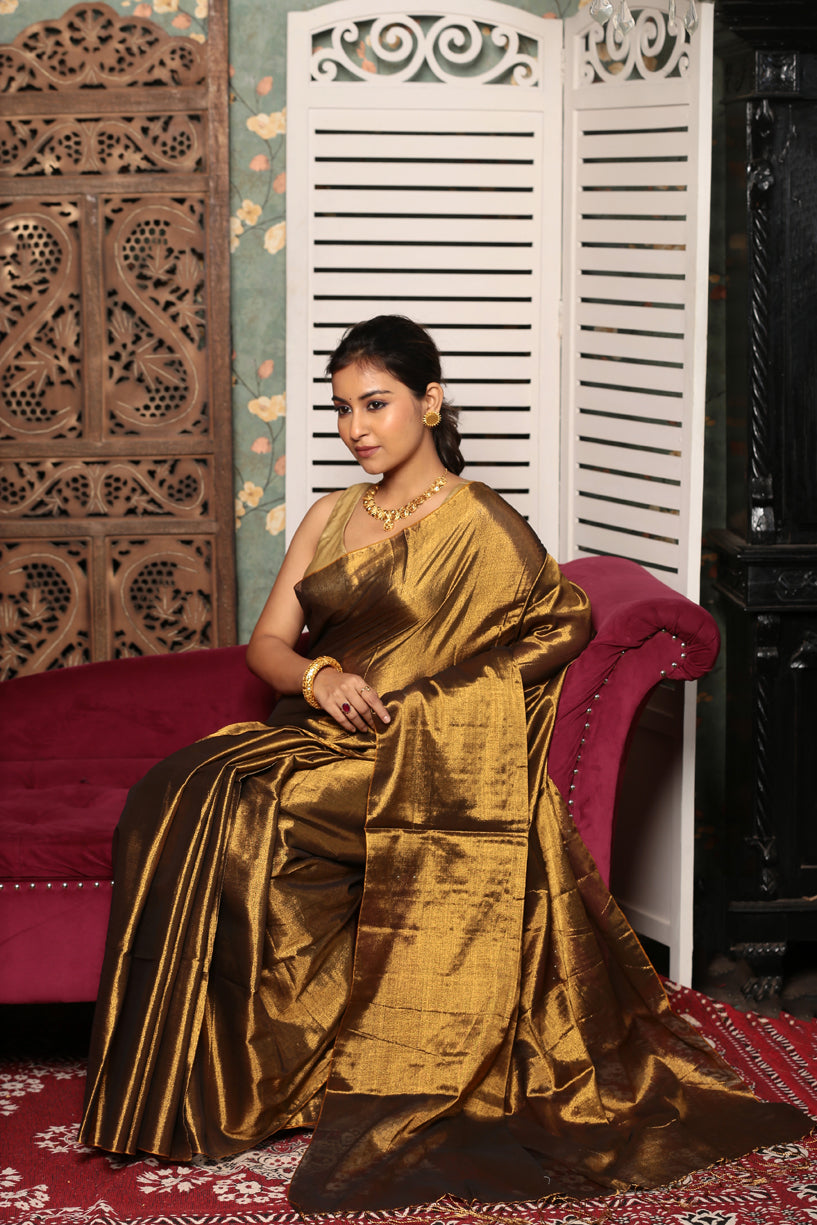 Dark Artichoke Yellow Tissue Silk Saree-016