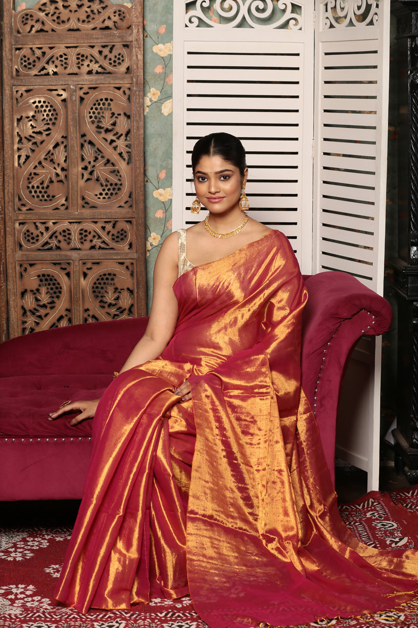 Golden Red Tissue Silk Saree-021