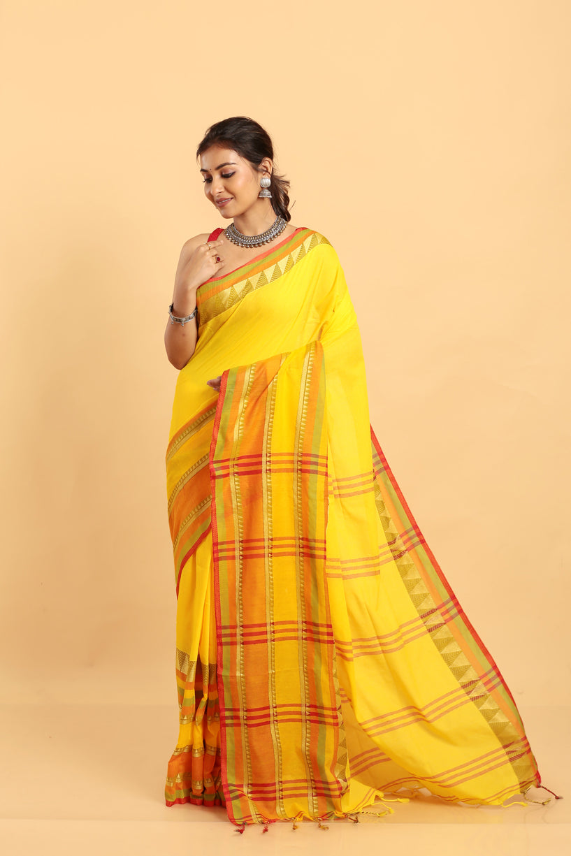 Golden Yellow-Handloom Cotton  Saree-030