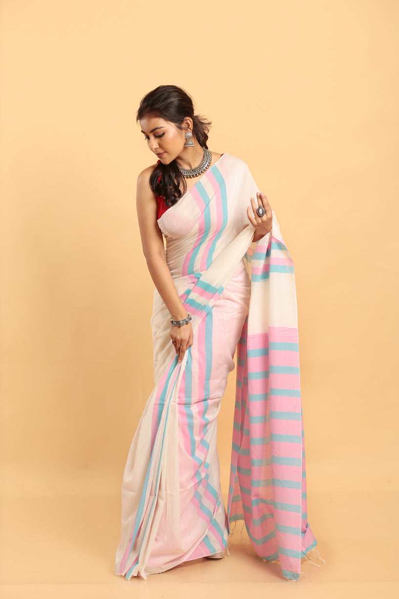 Pearl White-Handloom Cotton Saree-033