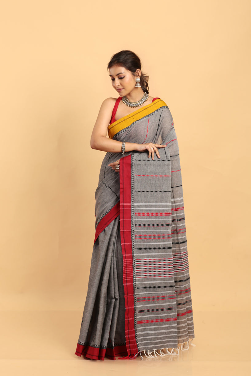 Metal Grey-Handloom Cotton Saree-036