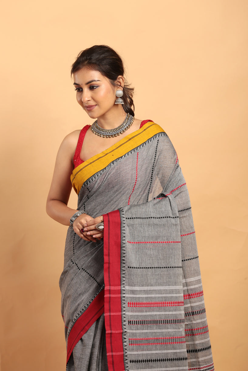 Metal Grey-Handloom Cotton Saree-036