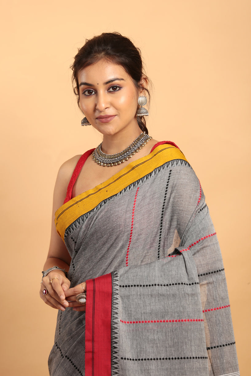 Metal Grey-Handloom Cotton Saree-036