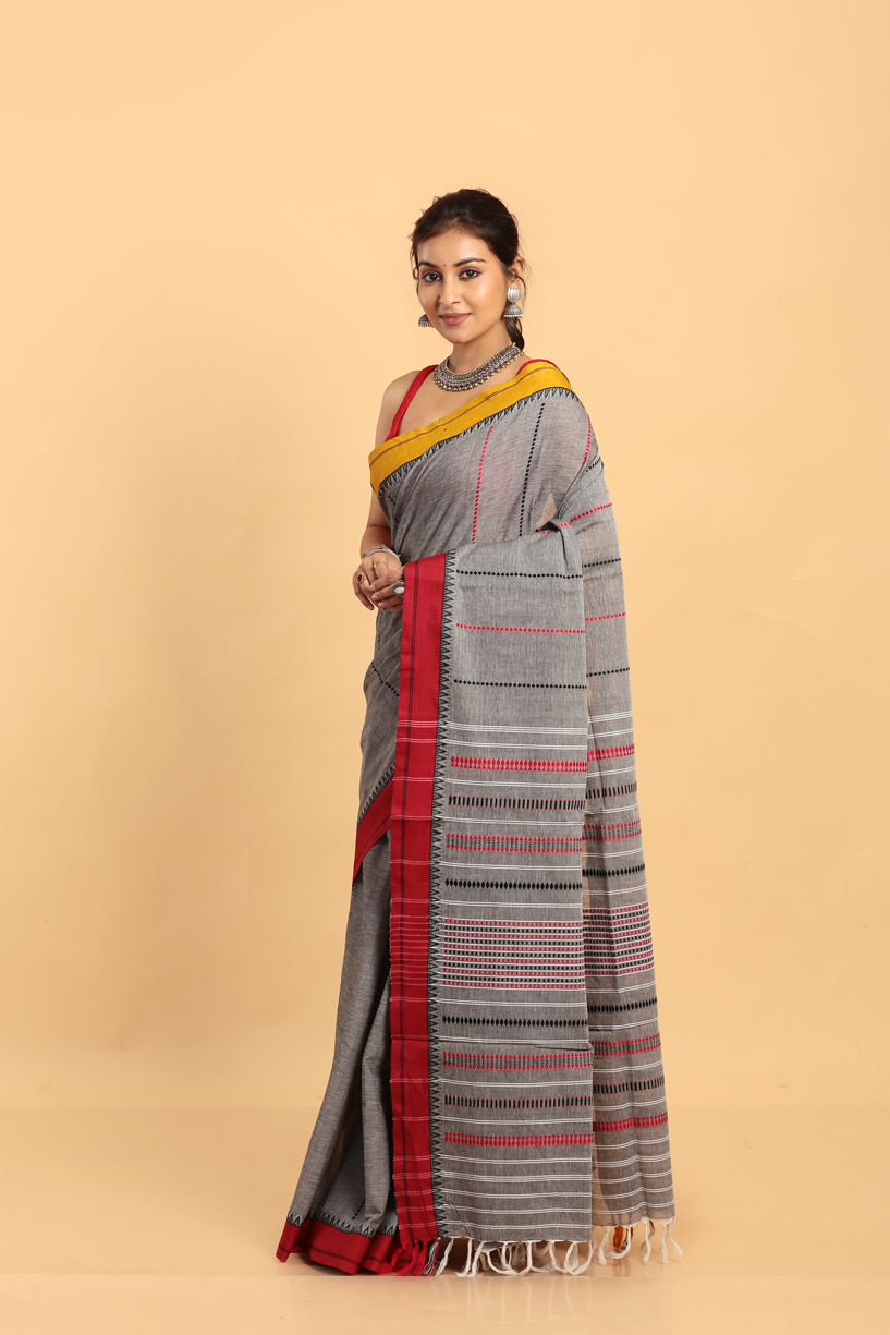 Metal Grey-Handloom Cotton Saree-036