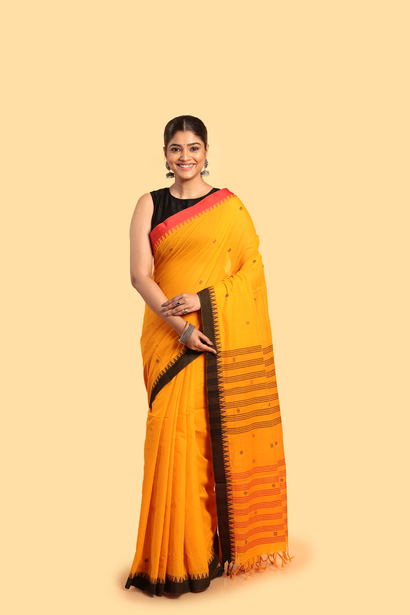 Tangerine Yellow-Handloom Cotton Saree-044