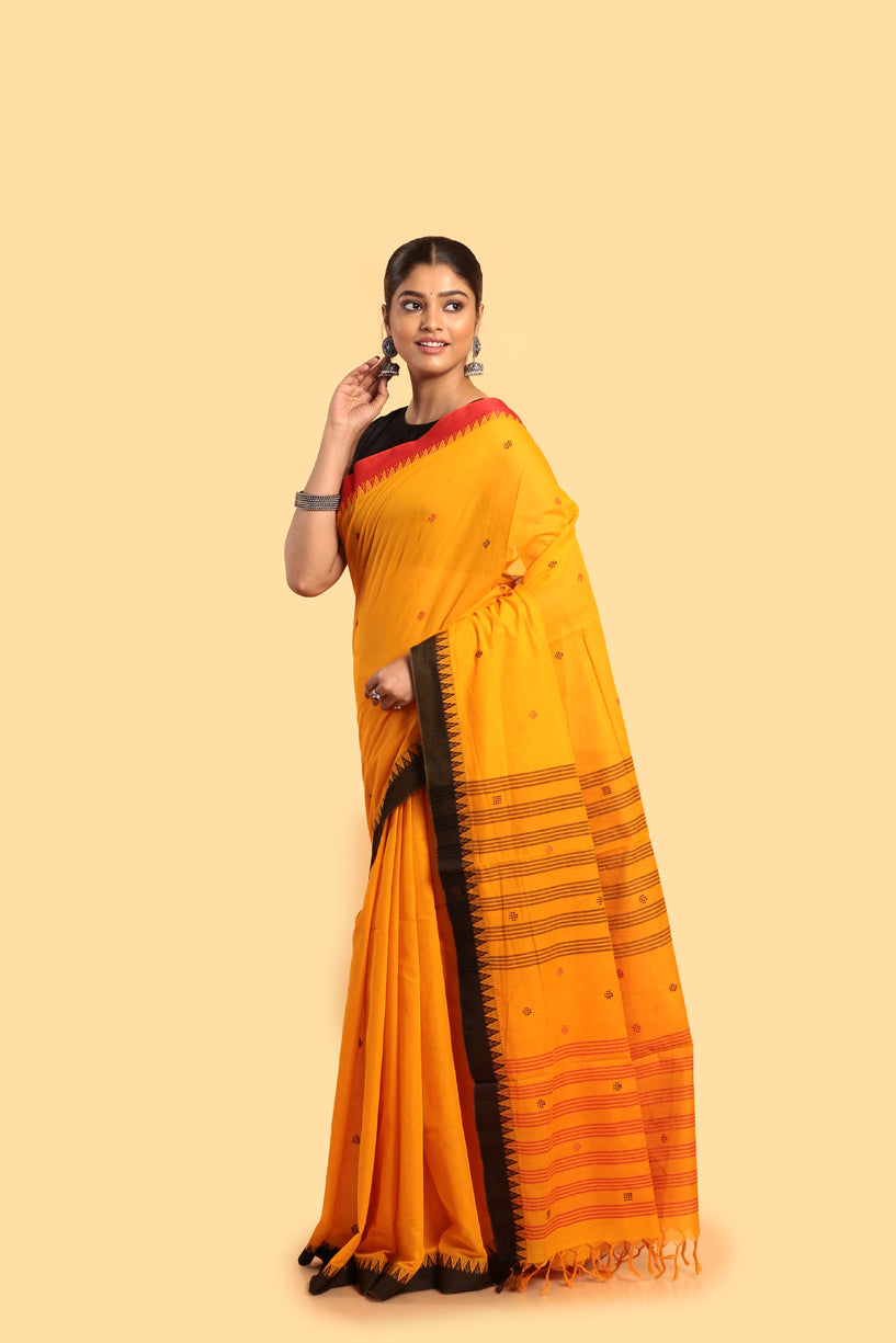 Tangerine Yellow-Handloom Cotton Saree-044