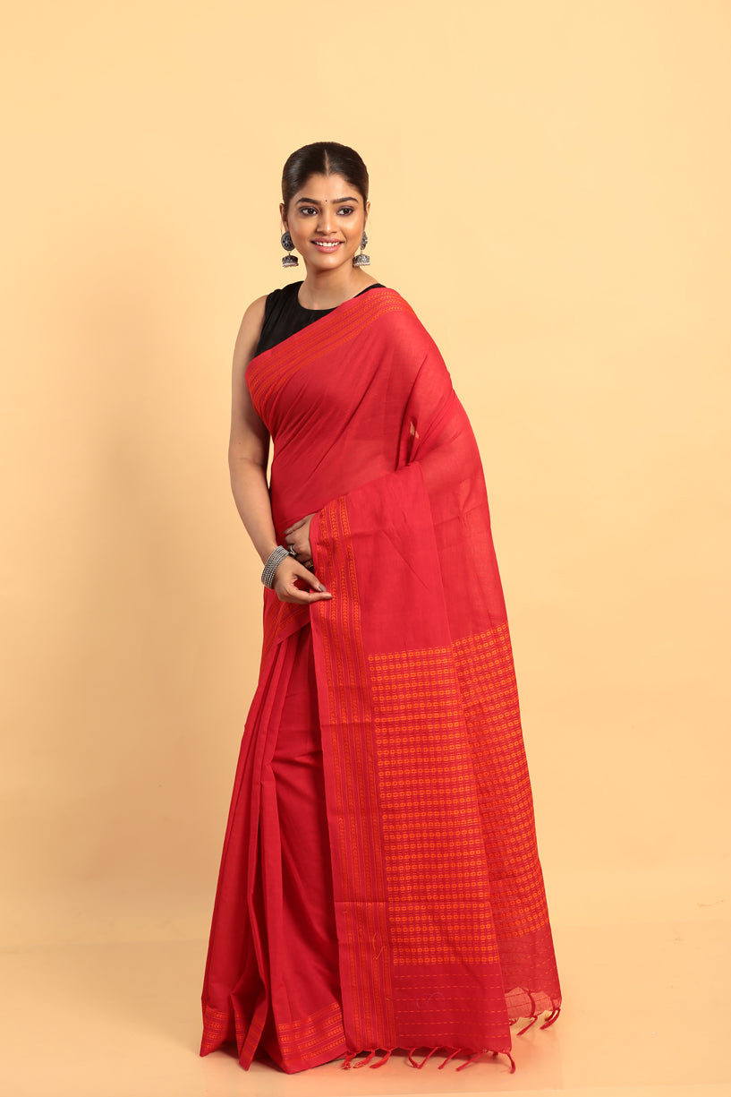 Candy Red-Handloom Cotton Saree-047