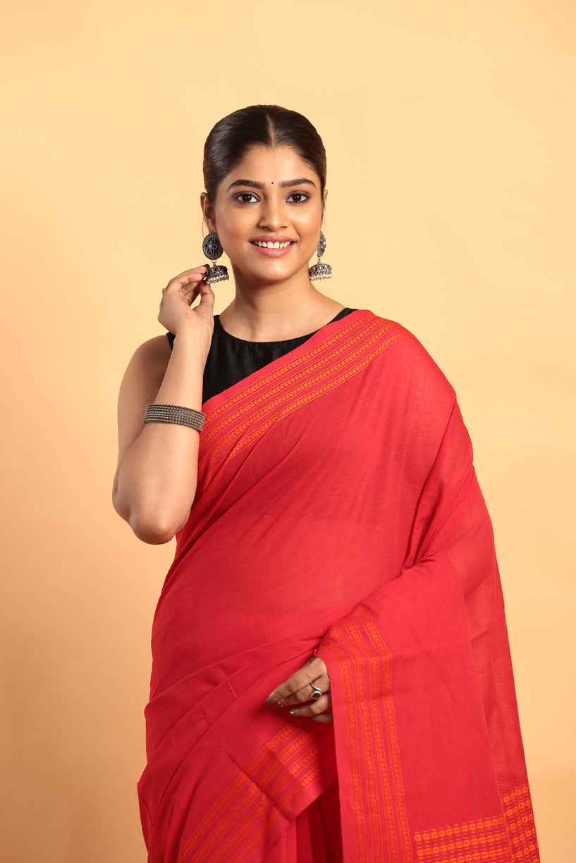 Candy Red-Handloom Cotton Saree-047