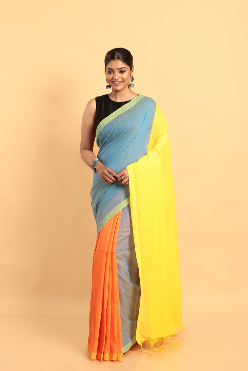 Blue and Yellow-Handloom Cotton Saree-049