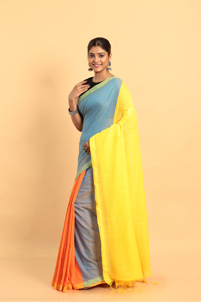 Blue and Yellow-Handloom Cotton Saree-049