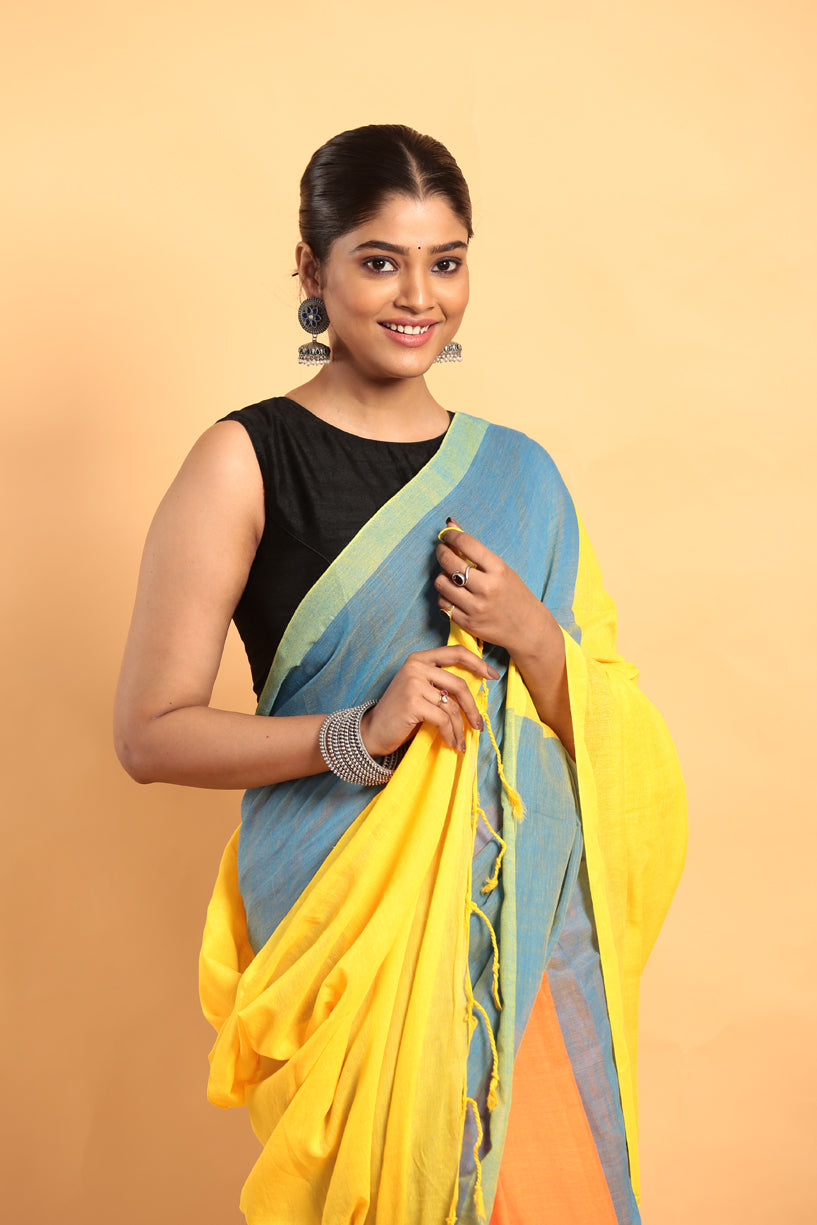 Blue and Yellow-Handloom Cotton Saree-049