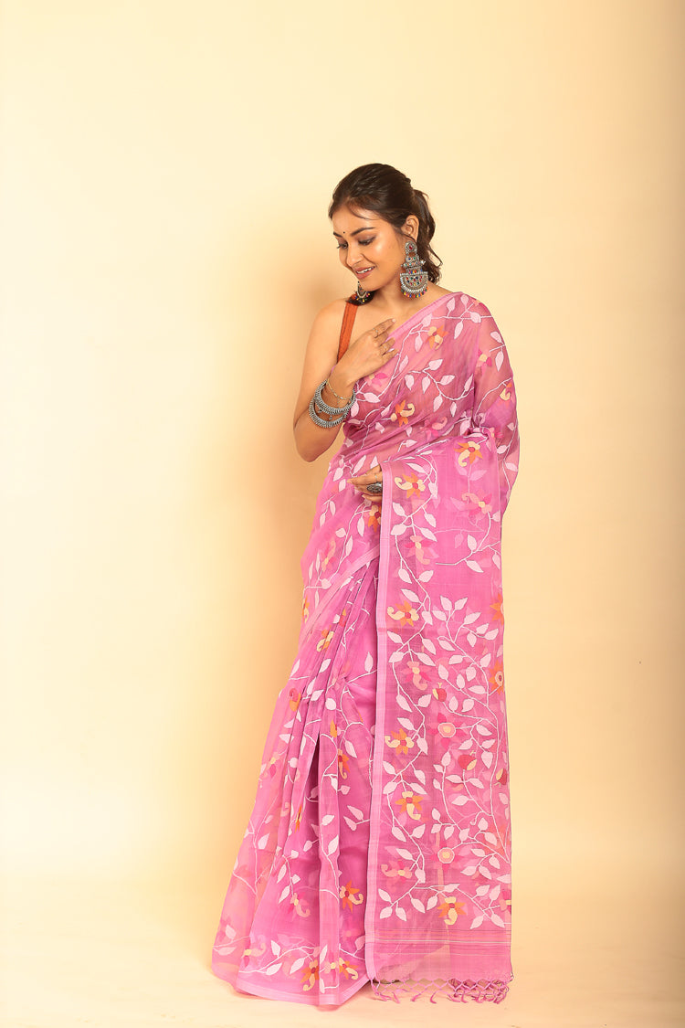 Muslin Jamdani in Nadeshiko Pink Saree-052