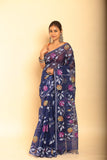 Muslin Jamdani in Persian Blue Saree-054