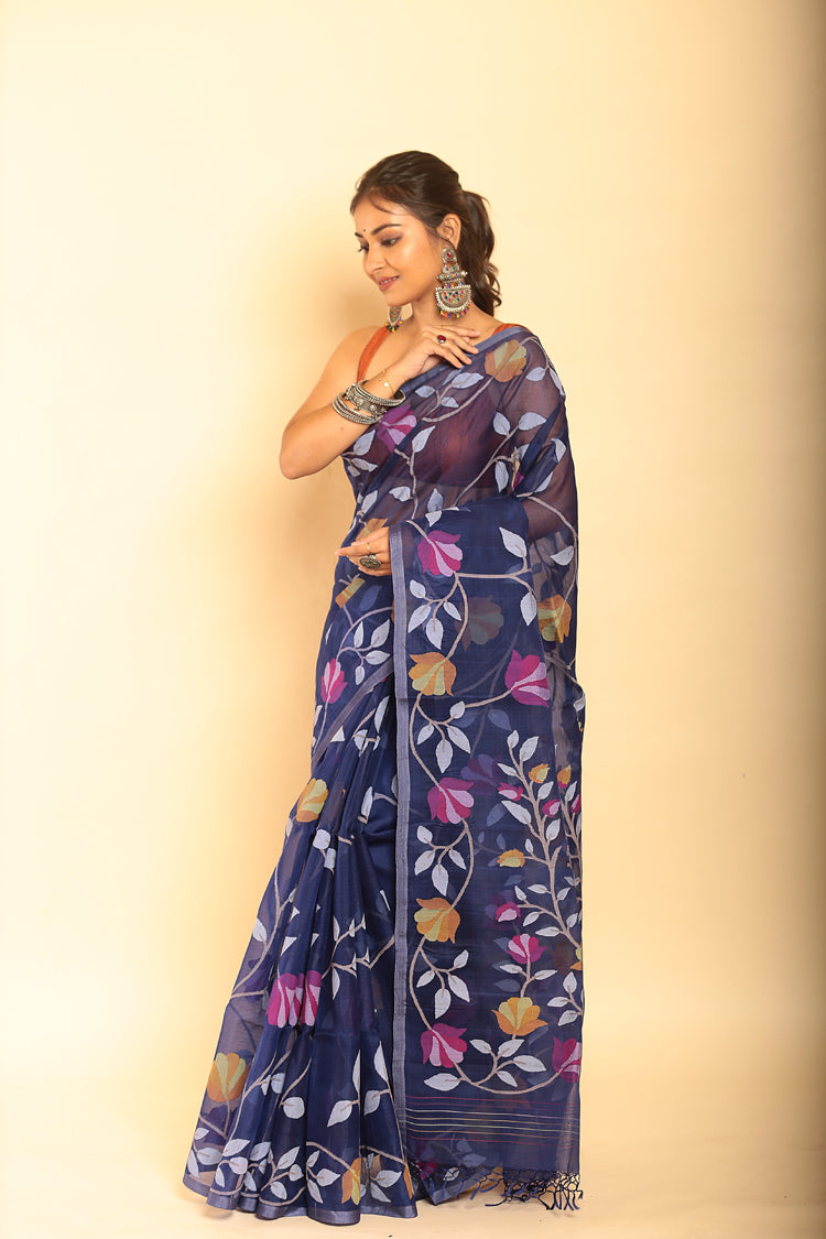 Muslin Jamdani in Persian Blue Saree-054