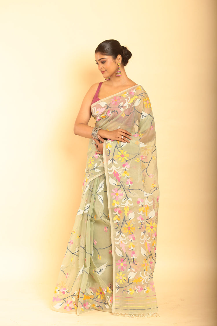 Muslin Jamdani in Plae Yellow Saree-058