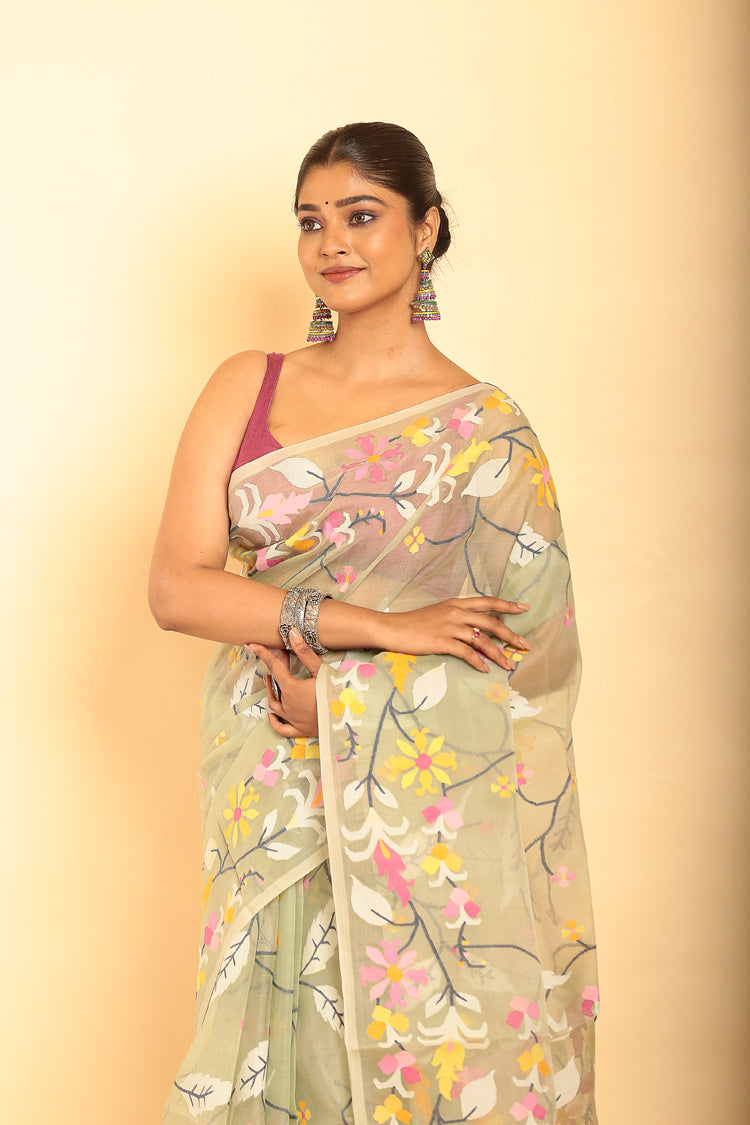 Muslin Jamdani in Plae Yellow Saree-058