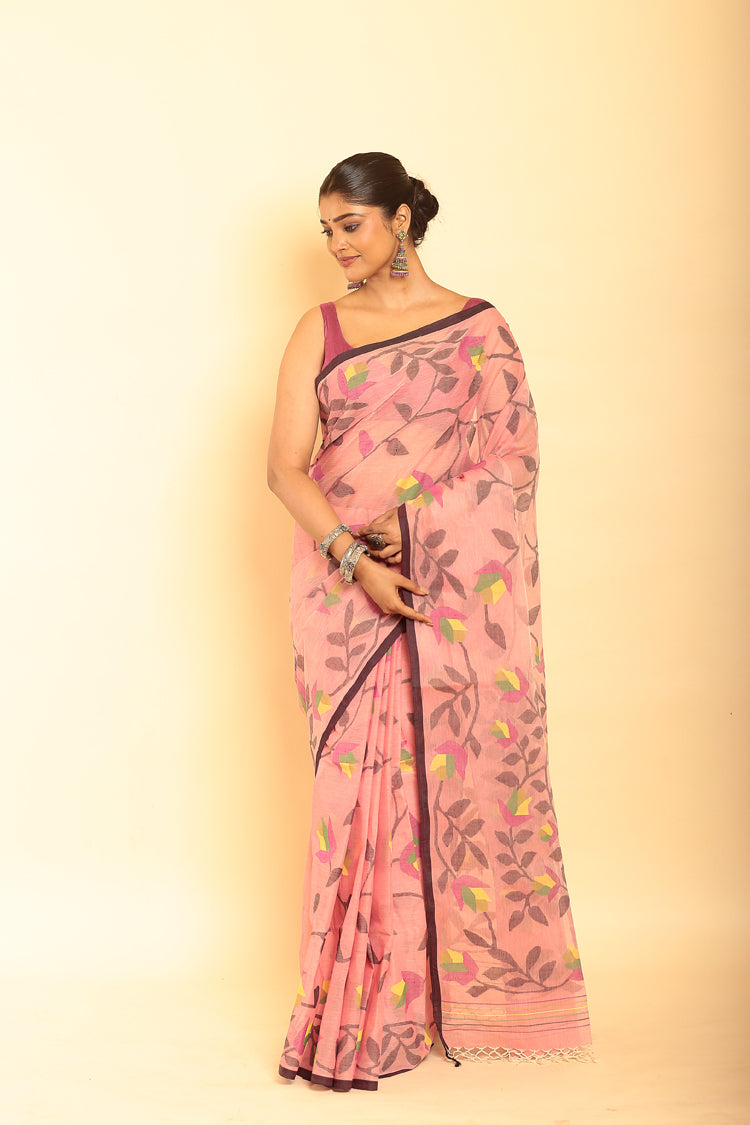 Muslin Jamdani in Baby Pink Saree-065