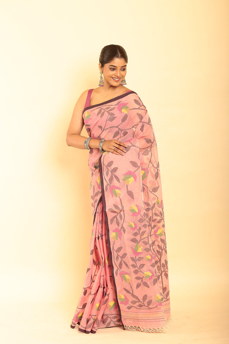 Muslin Jamdani in Baby Pink Saree-065