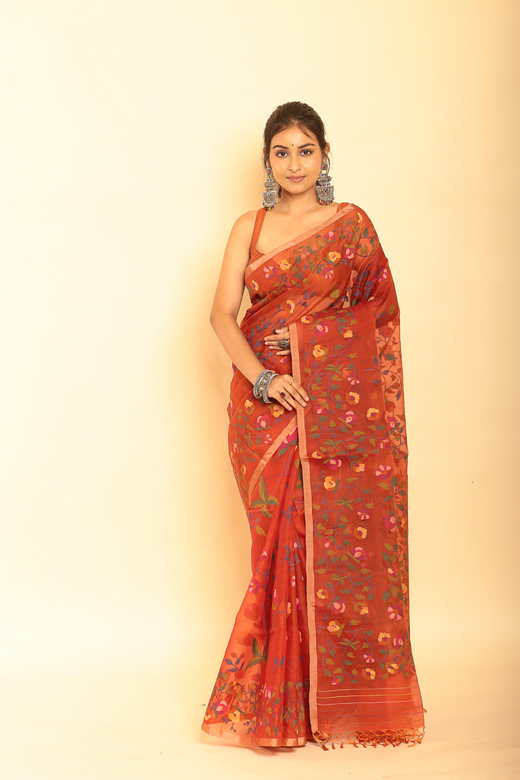 Muslin Jamdani in Candy Red Saree-069